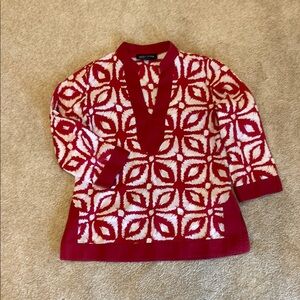 Jones New York Red and White Blouse with Geometric Design